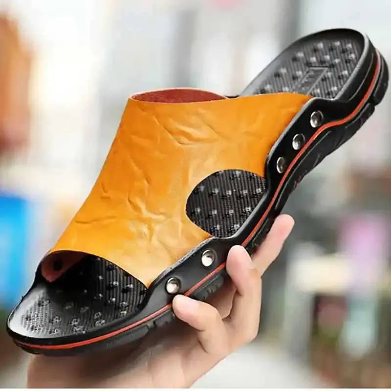 Sandals Men's Leather  Classic Summer Men Slippers Soft Original Sandals Real Leather Slippers Men Roman Outdoor Leather Slides