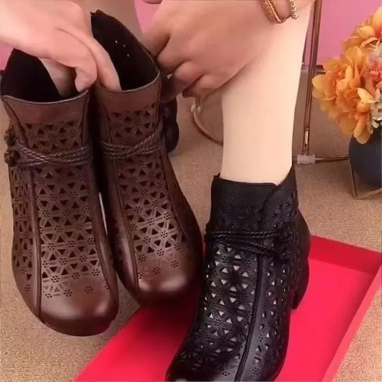 New Women's Fashion Hollow-Out Soft Sole Mid-Heel Ankle Boots, Retro Breathable Comfortable Shoes 2025