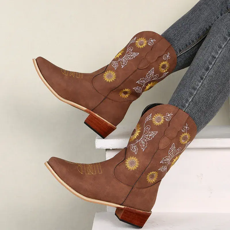 2022 Autumn New Women Shoes Fashion Embroidery Flower Pointed Toe Mid Calf Boots Chunky Heels Western Cowboy Boots Botas Mujer