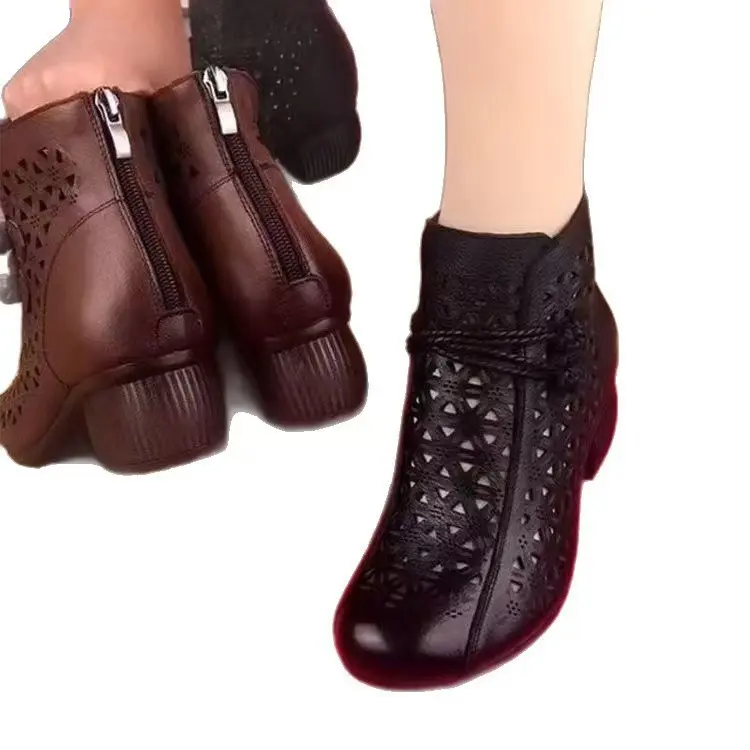 New Women's Fashion Hollow-Out Soft Sole Mid-Heel Ankle Boots, Retro Breathable Comfortable Shoes 2025