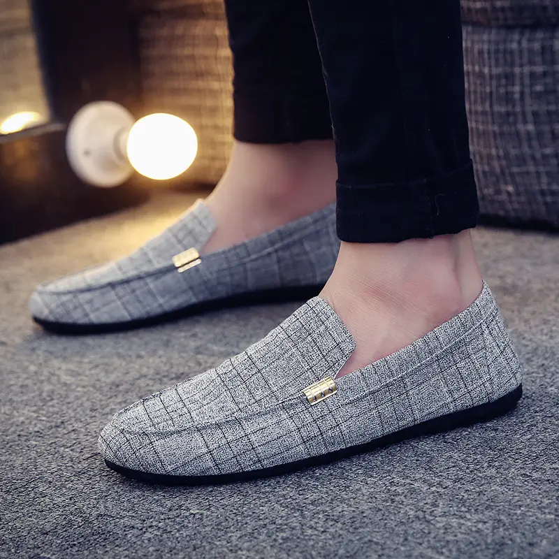 Men Shoes Fashion Loafers Breathable Canvas Sneakers Men Slip-On Casual Shoes Soft Comfortable Non-slip Driving Flats Black Gray