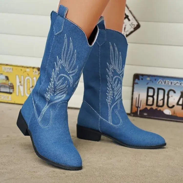 Gold Mid-calf Boots Women Silver Pointed Western Cowboy Boots Retro Fashion Black Boot Plus Size 36-43 WomenBoots 2025