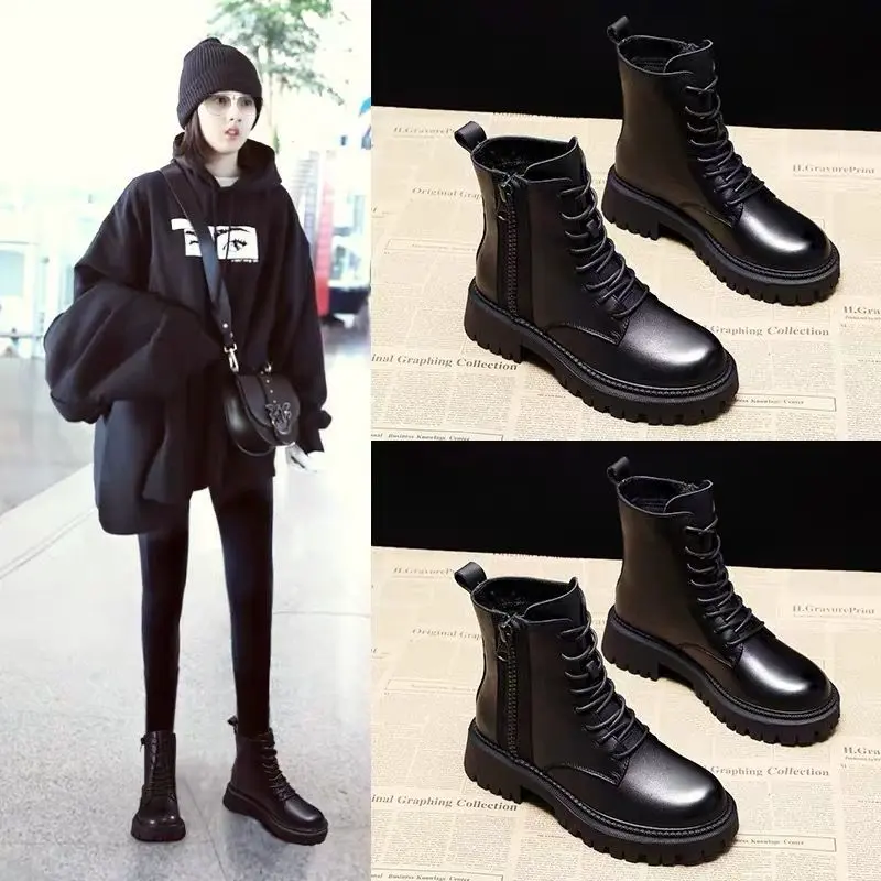 Black PU Leather Ankle Boots Women Autumn Winter Round Toe Lace Up Shoes Woman Fashion Motorcycle Platform Botas