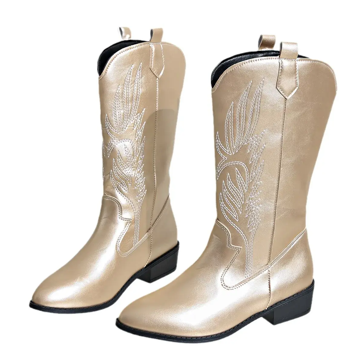 Gold Mid-calf Boots Women Silver Pointed Western Cowboy Boots Retro Fashion Black Boot Plus Size 36-43 WomenBoots 2025