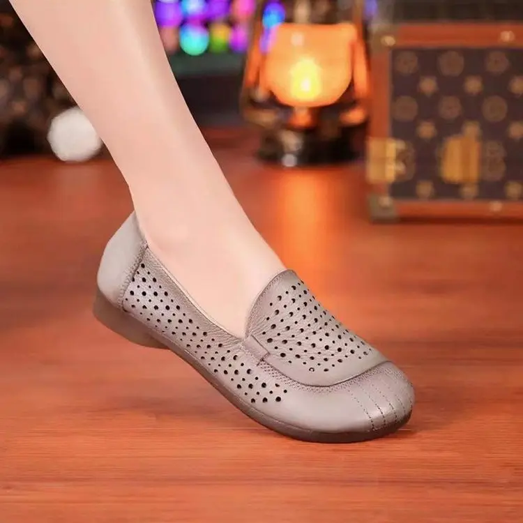 New Top layer Cowhide Women's Mesh Sandals Low Heel Mom's Shoes Fashion Comfortable Cow Tendon Soft Soled Mesh