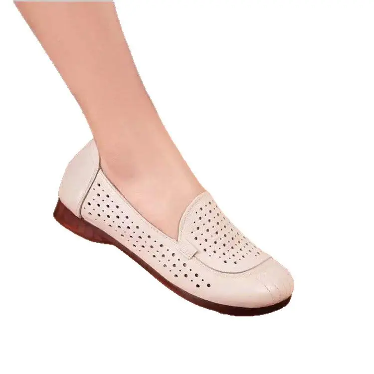 New Top layer Cowhide Women's Mesh Sandals Low Heel Mom's Shoes Fashion Comfortable Cow Tendon Soft Soled Mesh