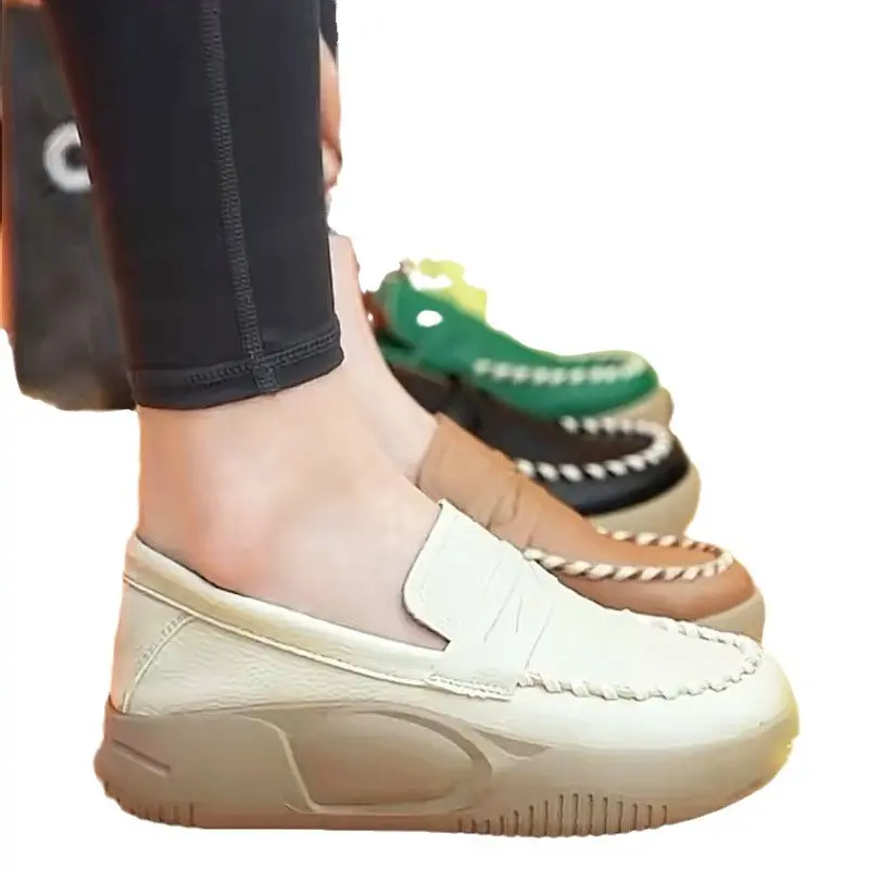 Platform Casual Slip-on Loafers for Women  Spring New Soft-soled Women's Shoes Comfortable Work Shoes Sewn Leather Shoes