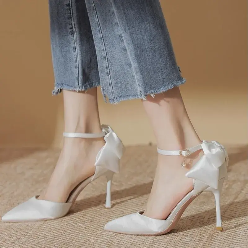 Women Elegant Nude High Heels Pumps Shallow Mouth Slip on Stiletto High Heel Shoes Woman Sexy Bows Point Toe Party Banquet Shoes