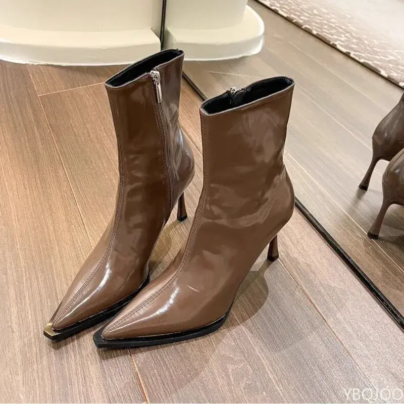 Women's Sexy Pointed Toe Ankle Boots Vintage Autumn New Fashion High Heels  skinny boots Women Brown Short Booties