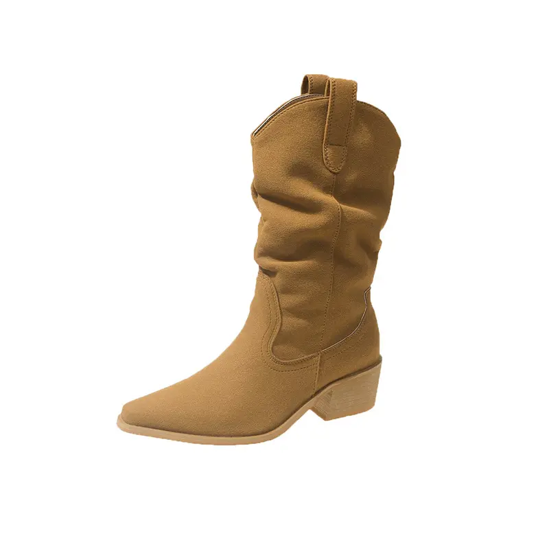 Women Thick Heel Western Boots Women Faux Suede Chunky Heeled Ankle Boots Autumn New Sewing Slip on Knight Pointed Botas Mujer