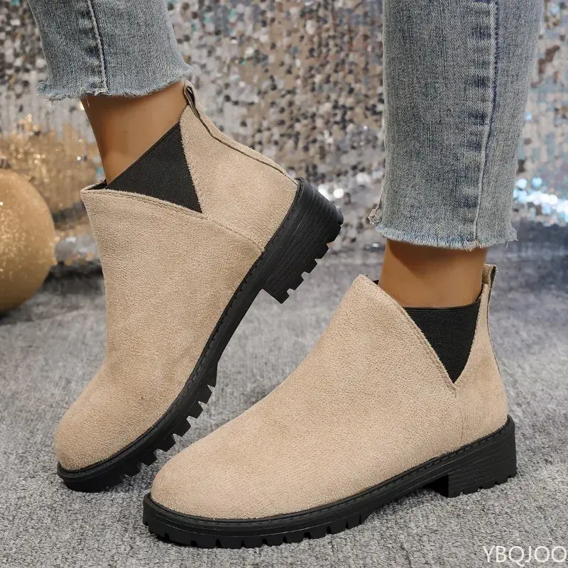 Women's Casual Fashion Round Toe Chunky Heel Suede Ankle Boots   Work And Anti-slip Simple comfortable versatile shoes