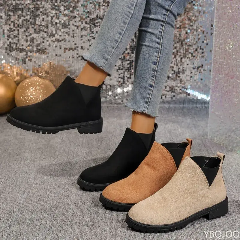 Women's Casual Fashion Round Toe Chunky Heel Suede Ankle Boots   Work And Anti-slip Simple comfortable versatile shoes