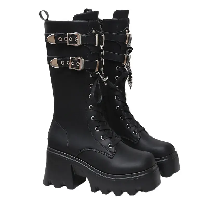 Women's Punk Gothic Boots 2025 Fashion Buckle Chain High Heels Mid Calf Boots Women Black Pu Leather Plus Size 42 Autumn Botas