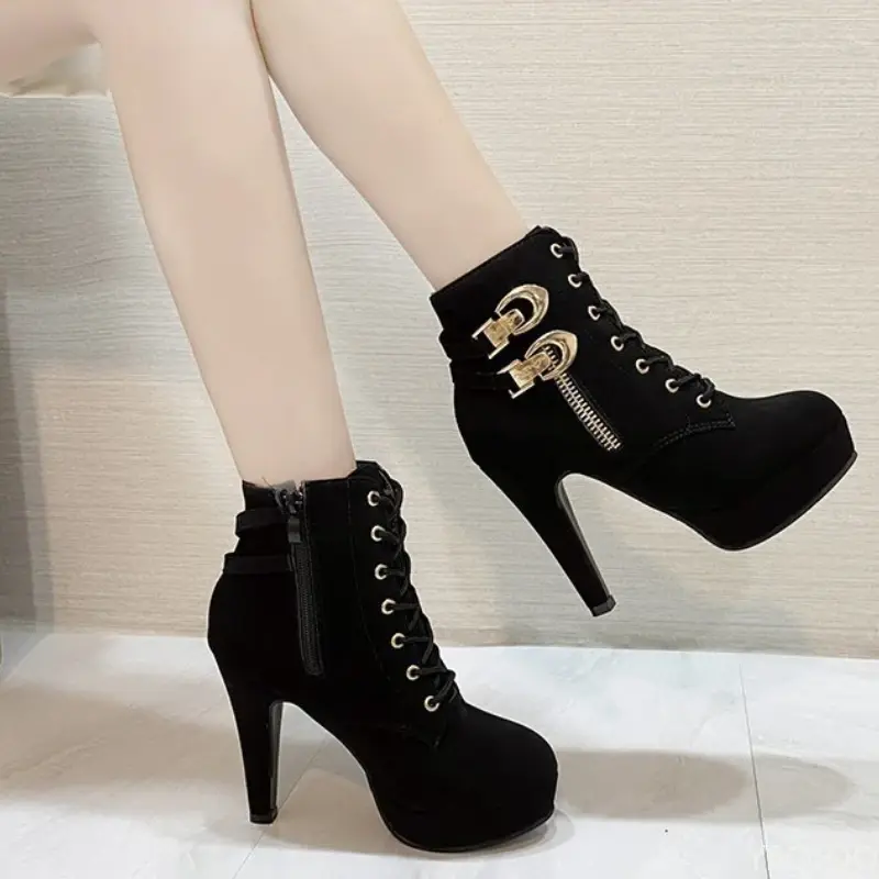 Plus Size Ankle Boots Women Platform High Heels Female Lace Up Shoes Buckle Short Boot Casual Ladies Footwear Drop