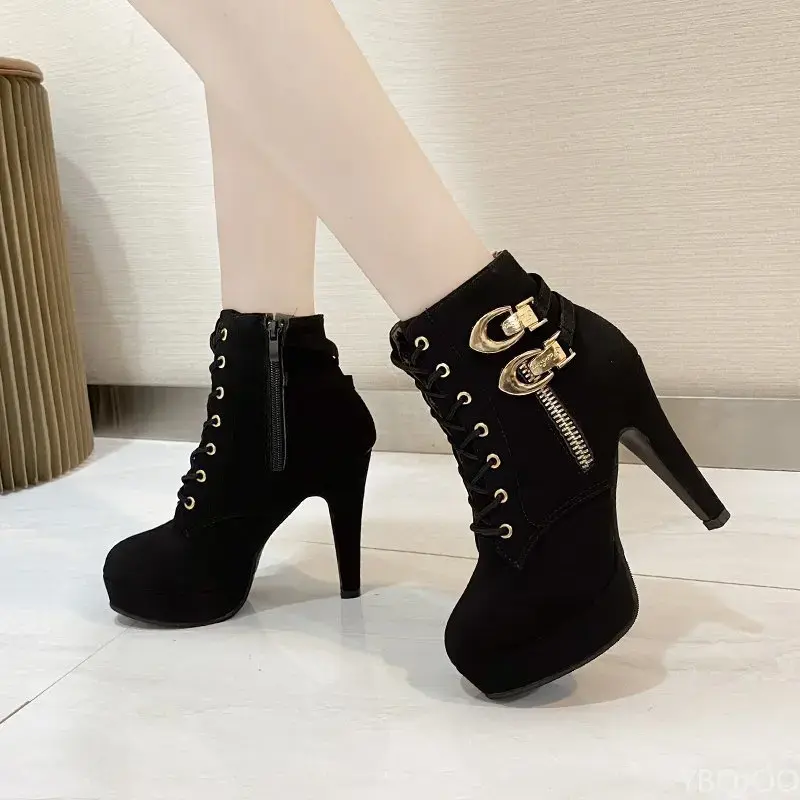 Plus Size Ankle Boots Women Platform High Heels Female Lace Up Shoes Buckle Short Boot Casual Ladies Footwear Drop
