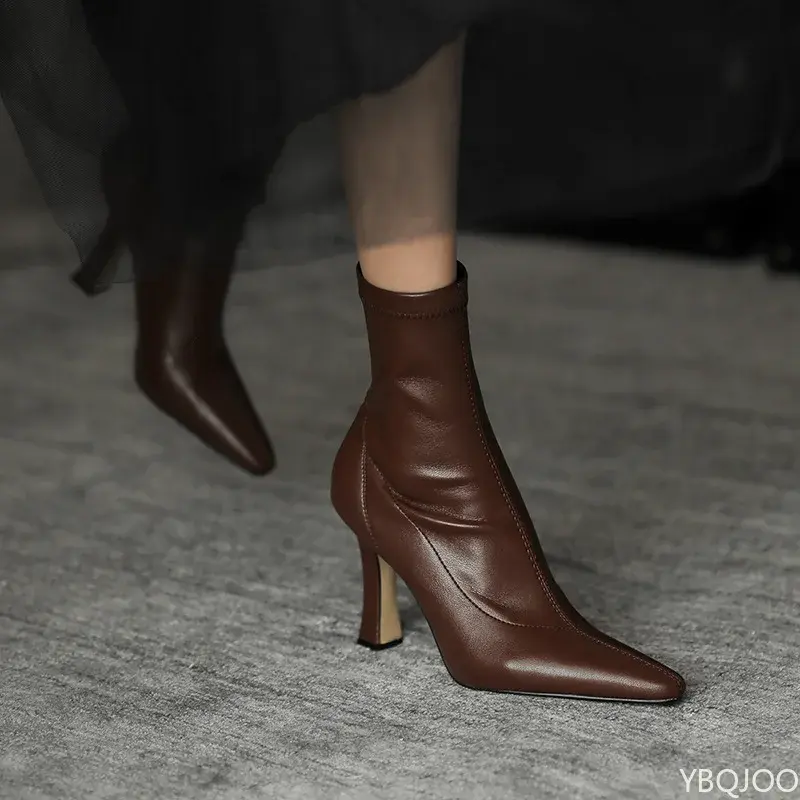 Women's high-heeled short leather boots for autumn winter comfortable versatile pointed slender heel style ankle short boots