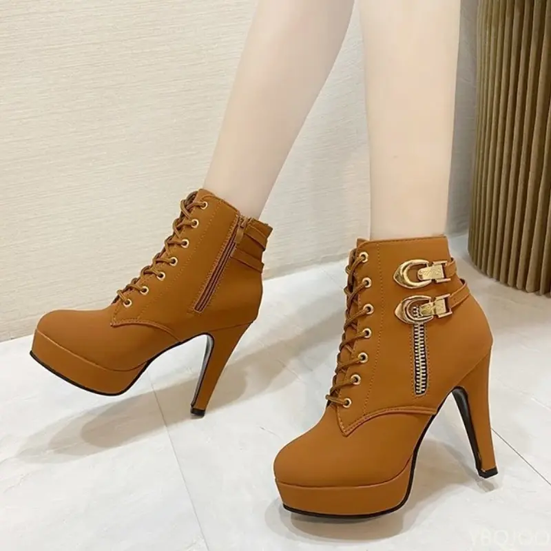 Plus Size Ankle Boots Women Platform High Heels Female Lace Up Shoes Buckle Short Boot Casual Ladies Footwear Drop