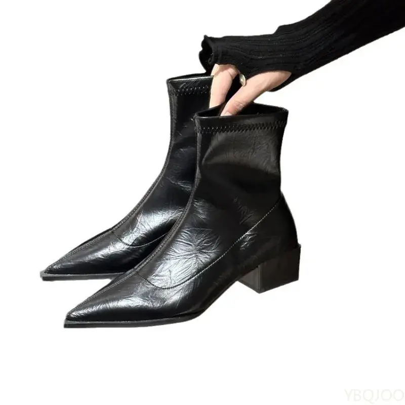 Sharp pointed short boots autumn winter new women's boots fashionable versatile thick heel Elegant minimalist women's shoes