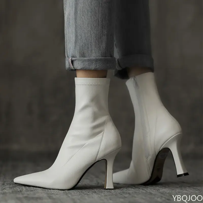 Women's high-heeled short leather boots for autumn winter comfortable versatile pointed slender heel style ankle short boots