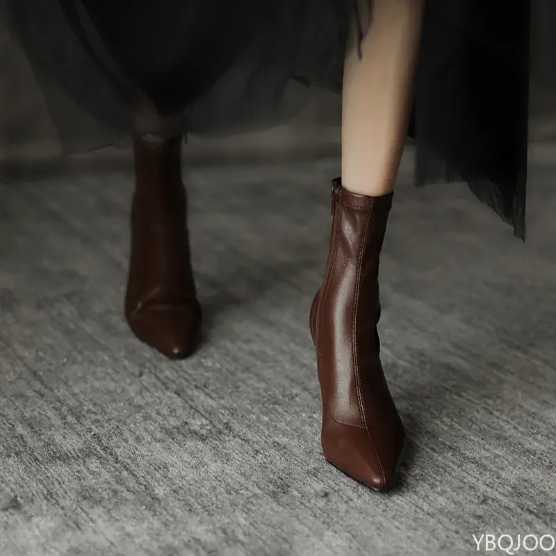 Women's high-heeled short leather boots for autumn winter comfortable versatile pointed slender heel style ankle short boots