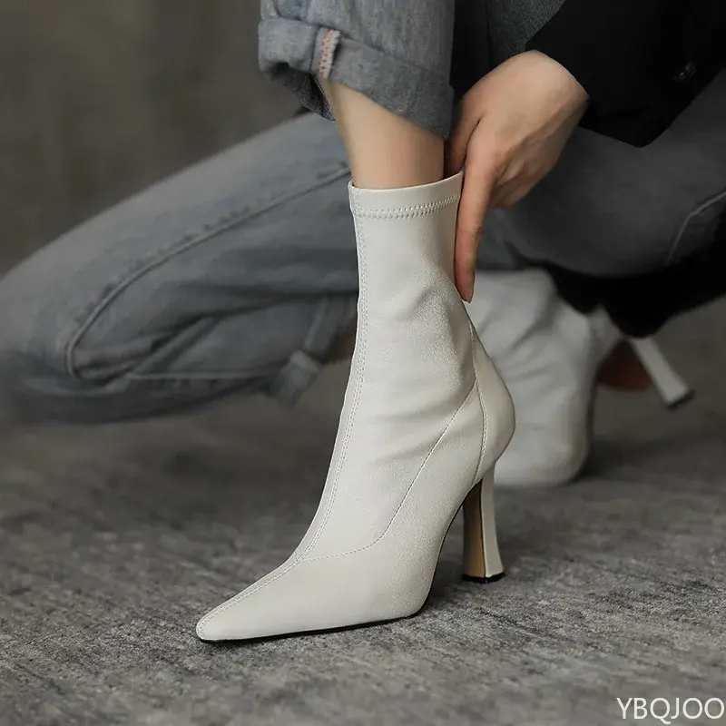 Women's high-heeled short leather boots for autumn winter comfortable versatile pointed slender heel style ankle short boots