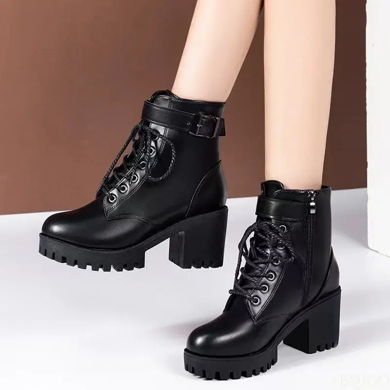 Women's Fashion Boots Side Zip High Heels Round Head Thick Heel wear resistant Boots Outdoor Daily Commute Women Shoes