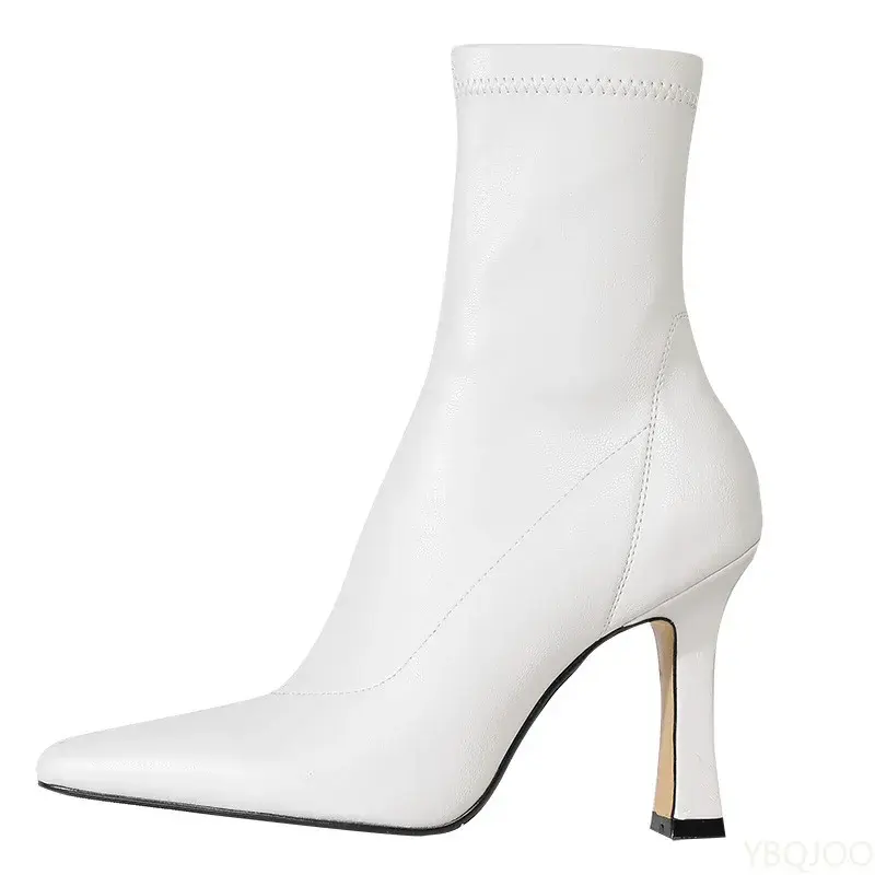 Women's high-heeled short leather boots for autumn winter comfortable versatile pointed slender heel style ankle short boots