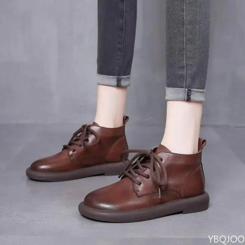 Thick soled sloping heel round toe women's ankle boots winter new item solid color retro lace up warm round toe single boot