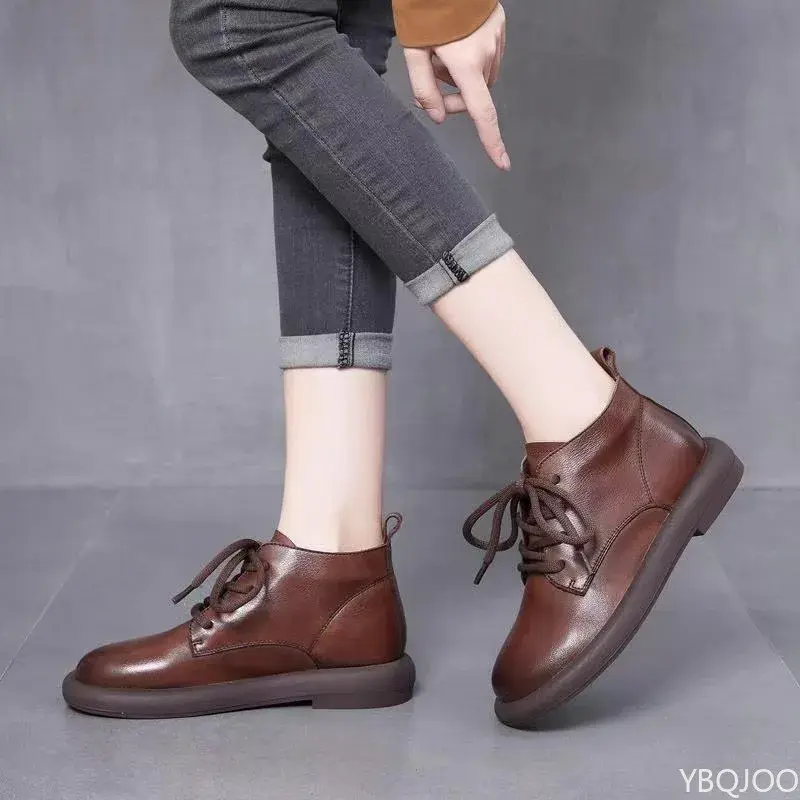 Thick soled sloping heel round toe women's ankle boots winter new item solid color retro lace up warm round toe single boot