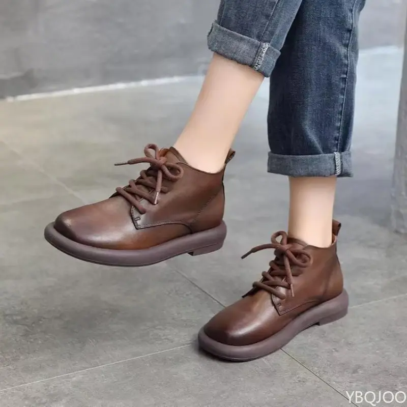 Thick soled sloping heel round toe women's ankle boots winter new item solid color retro lace up warm round toe single boot