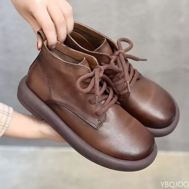 Thick soled sloping heel round toe women's ankle boots winter new item solid color retro lace up warm round toe single boot