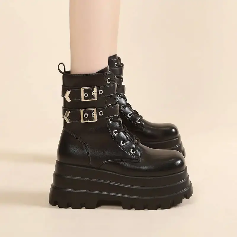 Punk Style Women Shoes Lace-up heel height 9CM Platform Shoes Woman Gothic Ankle Rock Boots Metal Decor Woman Sneakers