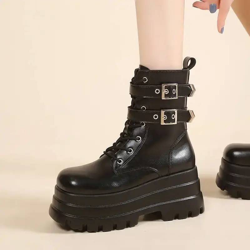 Punk Style Women Shoes Lace-up heel height 9CM Platform Shoes Woman Gothic Ankle Rock Boots Metal Decor Woman Sneakers