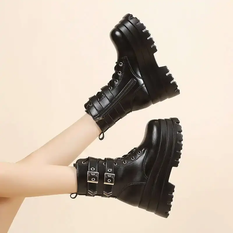 Punk Style Women Shoes Lace-up heel height 9CM Platform Shoes Woman Gothic Ankle Rock Boots Metal Decor Woman Sneakers