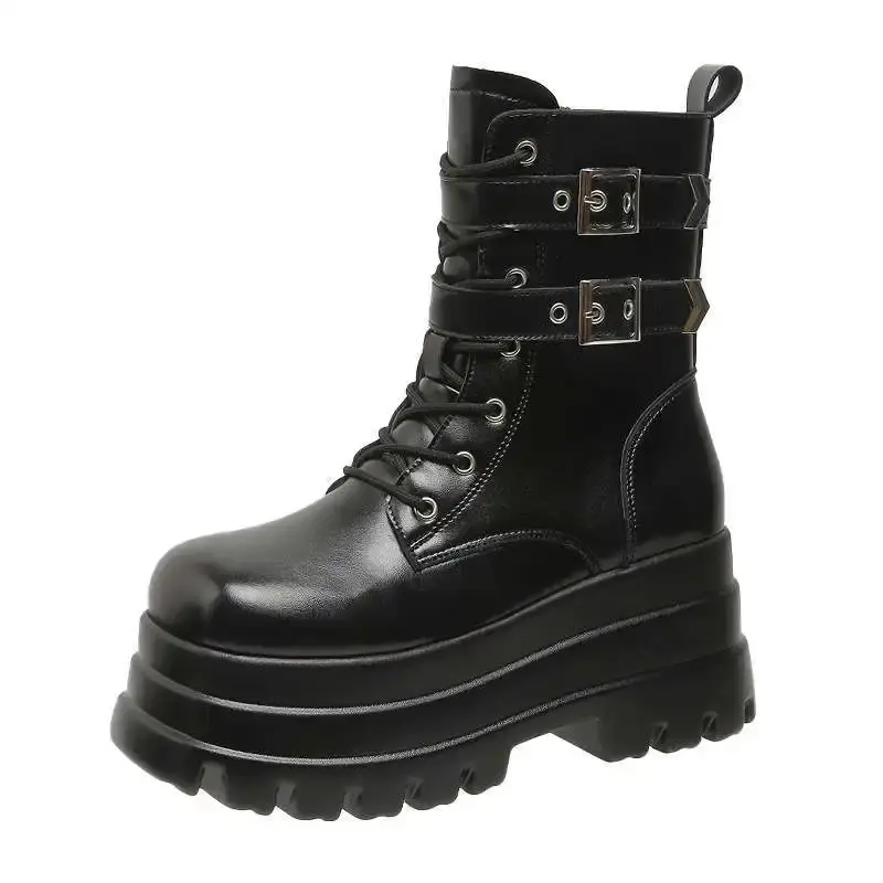 Punk Style Women Shoes Lace-up heel height 9CM Platform Shoes Woman Gothic Ankle Rock Boots Metal Decor Woman Sneakers