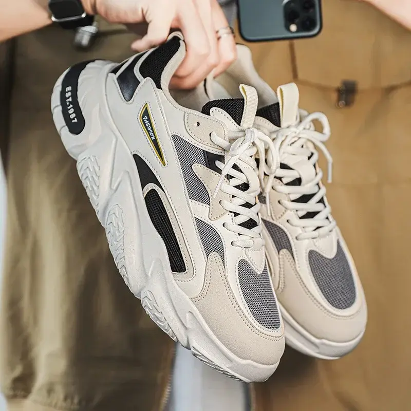 Thick Sole Versatile Clunky Sneaker For Men 2024 New Trend Mesh Lace Up Breathable Casual Sports Shoes Increased Soft Soles