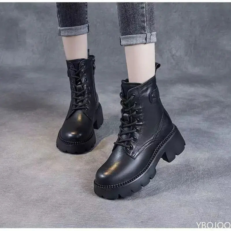 Women's lightweight soft soled autumn winter new retro short boots with thick sole increased height plush comfort boots