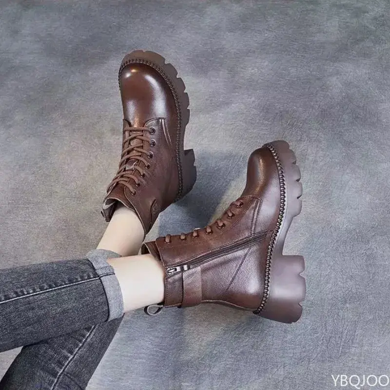 Women's lightweight soft soled autumn winter new retro short boots with thick sole increased height plush comfort boots