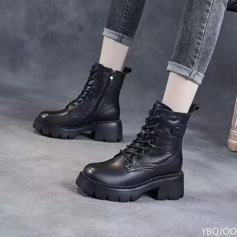 Women's lightweight soft soled autumn winter new retro short boots with thick sole increased height plush comfort boots