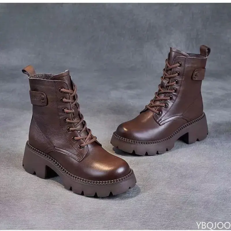 Women's lightweight soft soled autumn winter new retro short boots with thick sole increased height plush comfort boots
