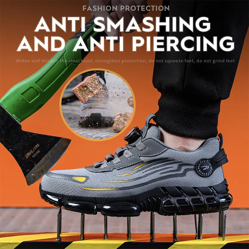 Breathable Men Boots Rotating Buttons Safety Shoes Men Puncture-Proof Work Boots Steel Toe Shoes Light Indestructible Shoes