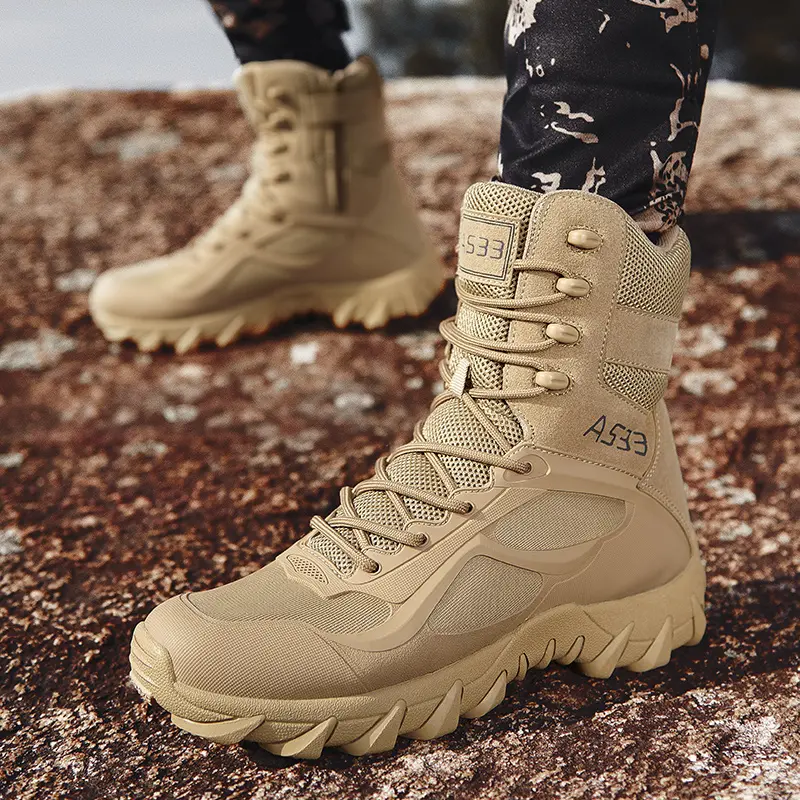 High Quality Men's Brand High-Top Leather Boots Breathable Desert Combat Men's Boots Outdoor Shoes Non-slip Hiking Ankle Boots
