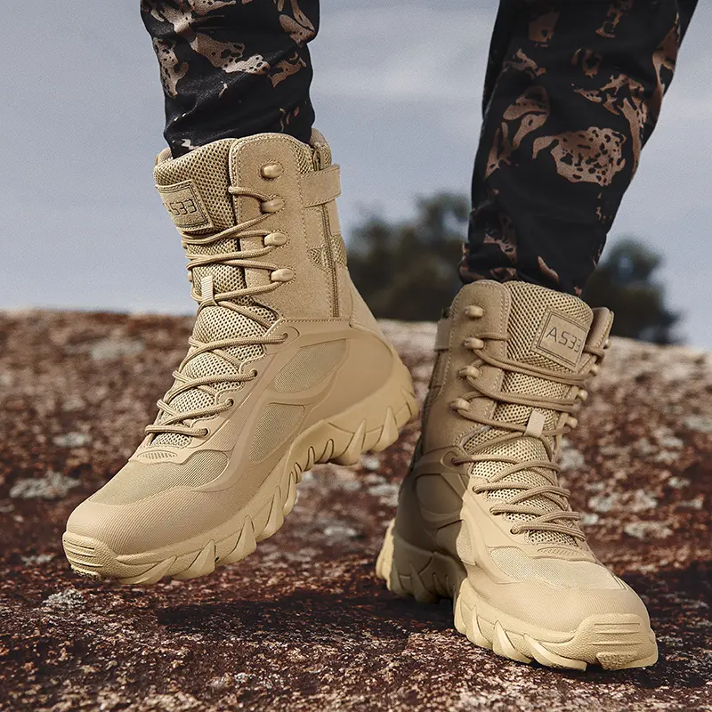 High Quality Men's Brand High-Top Leather Boots Breathable Desert Combat Men's Boots Outdoor Shoes Non-slip Hiking Ankle Boots