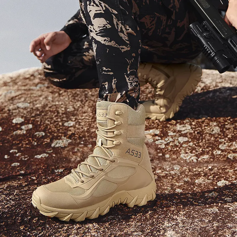High Quality Men's Brand High-Top Leather Boots Breathable Desert Combat Men's Boots Outdoor Shoes Non-slip Hiking Ankle Boots