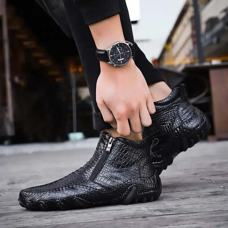 Classic Genuine Leather Spring Men's Boots Plush Warm Platform Men's Snow Boots Punk Outdoor Motorcycle Boots New Man Work Shoes