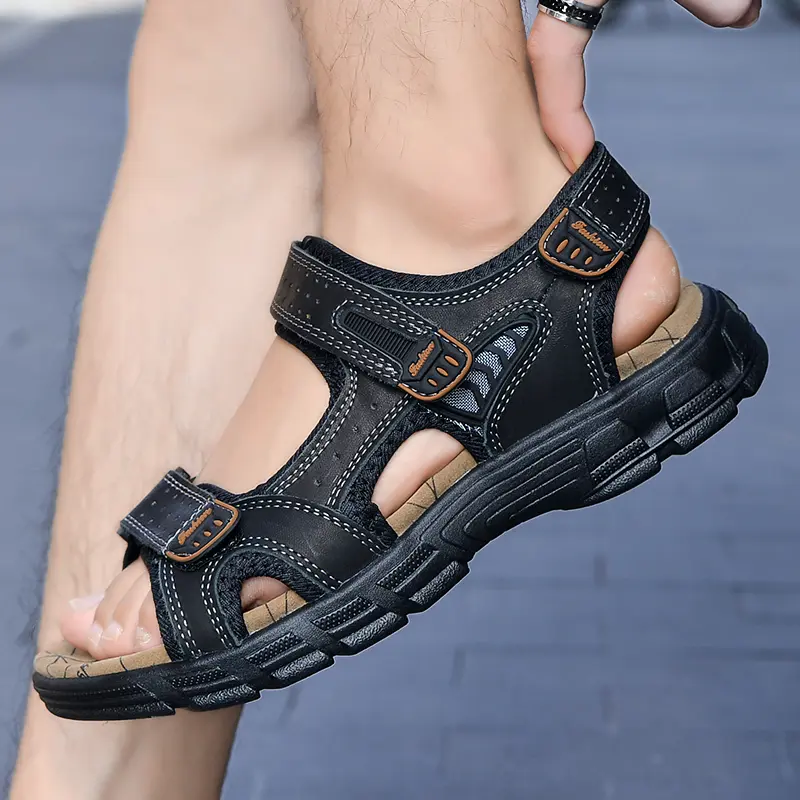 Classics Men's Sandals Summer Genuine Leather Sandals Handmade Outdoor Mesh Men Footwear Soft Breathable Metal Leather Slippers