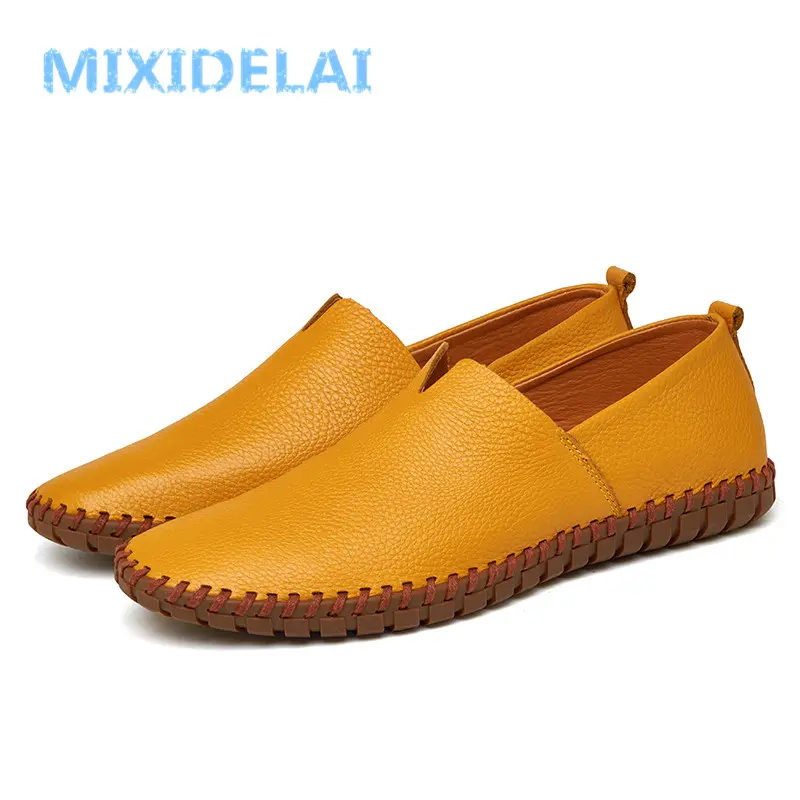 MIXIDELAI Genuine Cow Leather Mens Loafers Fashion Handmade Moccasins Soft Leather Blue Slip On Men's Boat Shoe PLUS SIZE 38~47