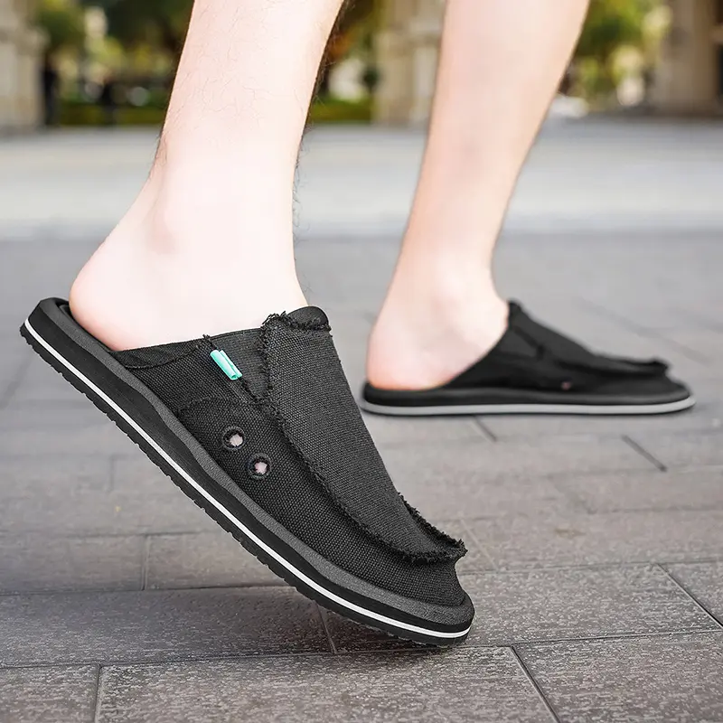 Men Half Slippers Anti-slip Men's Casual Canvas Shoes Lightweight Male Flat Slippers Breathable Fashion Slip on Flats Outdoor