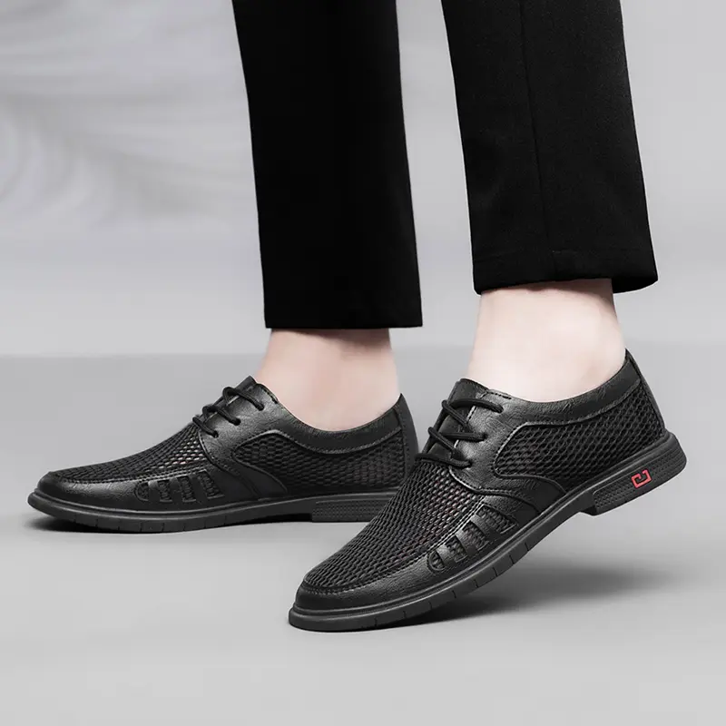 New Summer Business Men's Dress Shoes Mesh Breathable Man Fashion Casual Shoes Genuine Leather Oxfords Work Shoes Zapatos Hombre