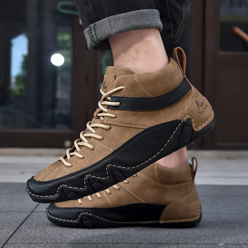 Retro Handmade Pu Leather Men Boots Fashion Designer Sneakers Man Outdoor Ankle Boots Men Walking Shoes Breathable Hombres Botas